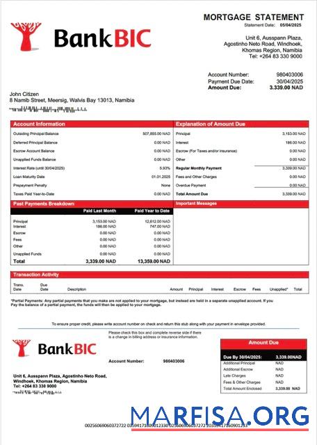 Blank Namibia Bank BIC Namibia mortgage statement Word and PDF template